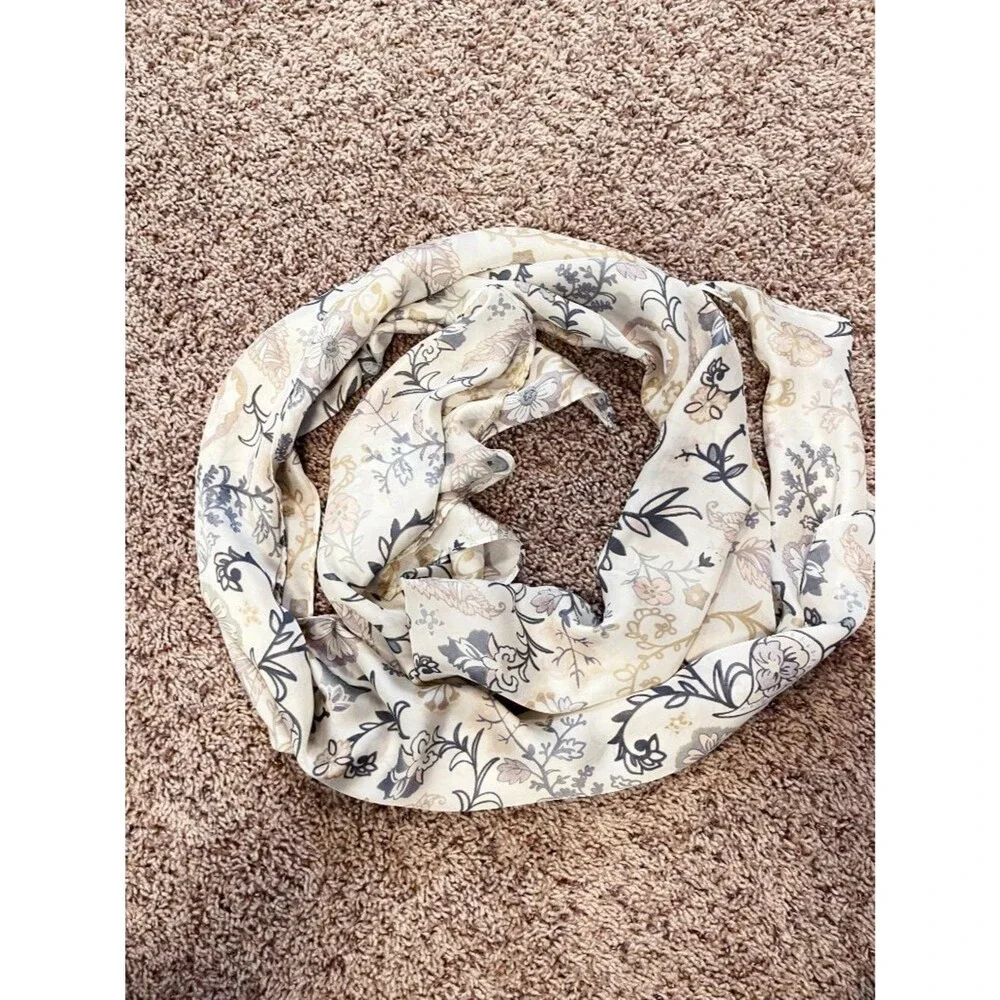 Vintage Floral Chiffon Scarf Cream Gray Beige Paisley Boho Romantic Wrap